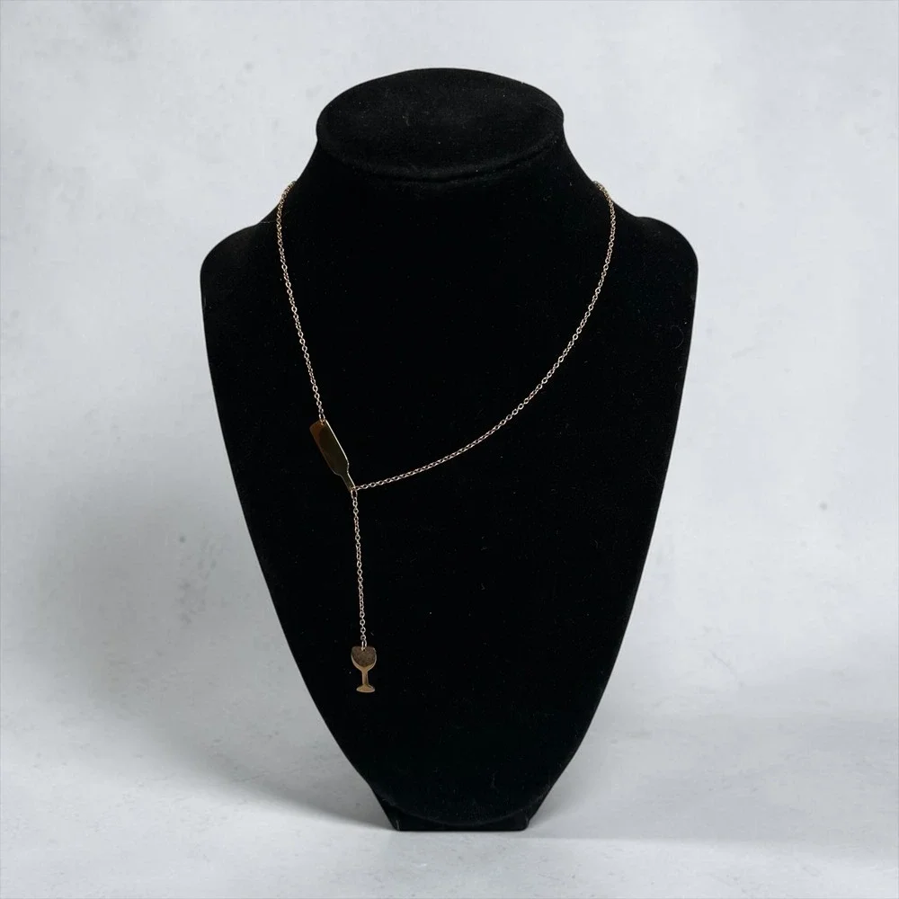 Wine Bottle & Glass Lariat Necklace Womens Gold Tone Novelty Fun